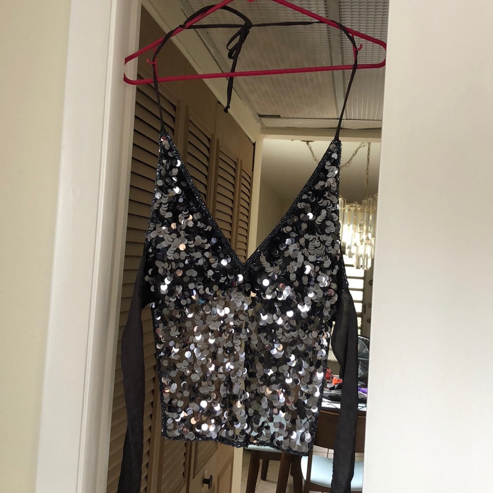 Sexy backless halter top - silver and black sequin